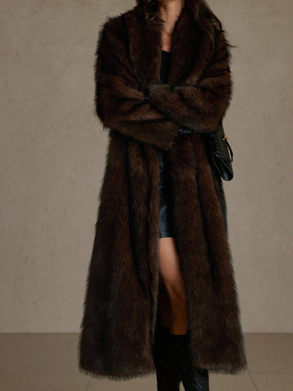 Multicolor Casual Women's Faux Fur Coat Shawl Collar Cinched Waist Long Length